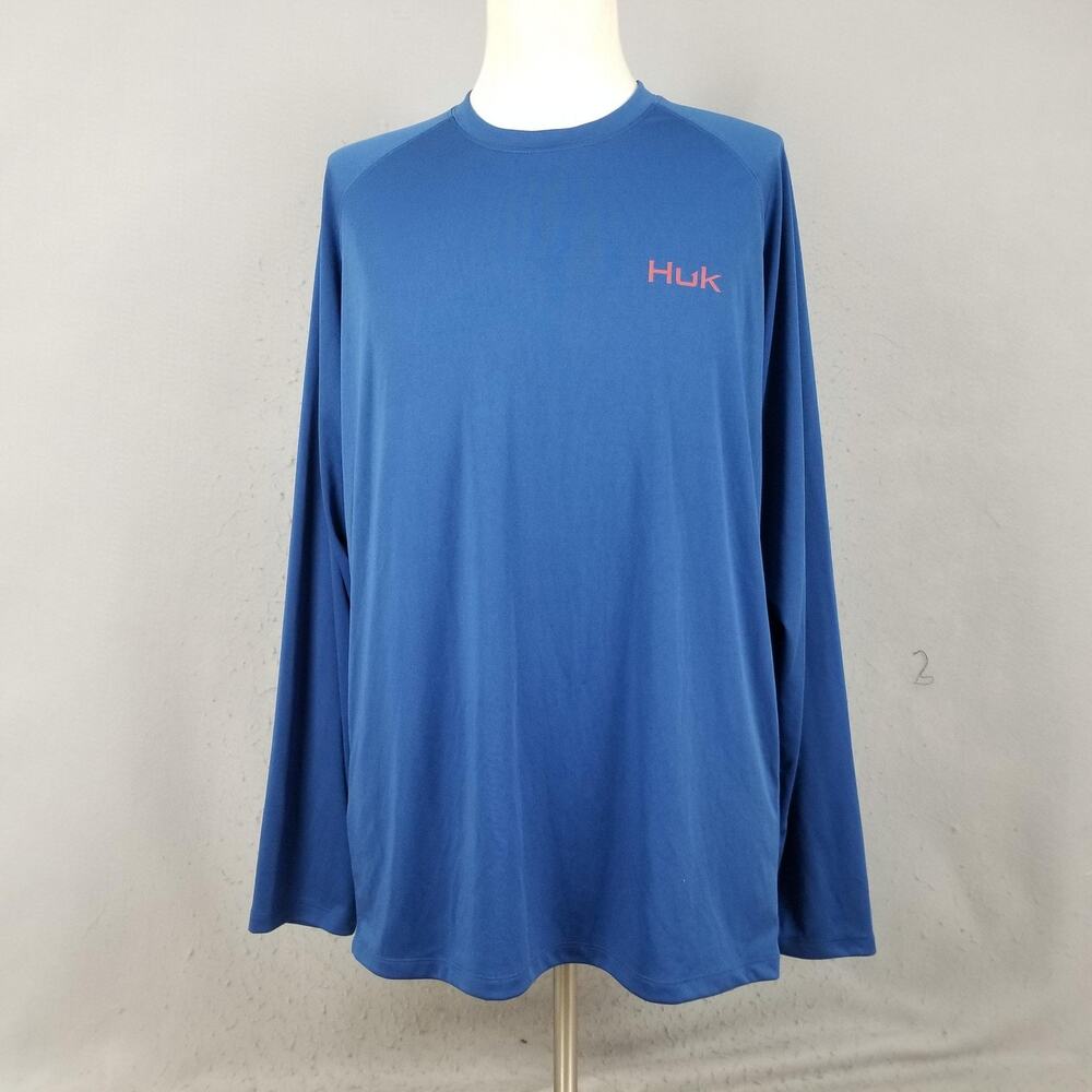 Huk Performance Shirt Mens 2XL Blue Long Sleeve USA‎ Flag Fish Graphic Fishing